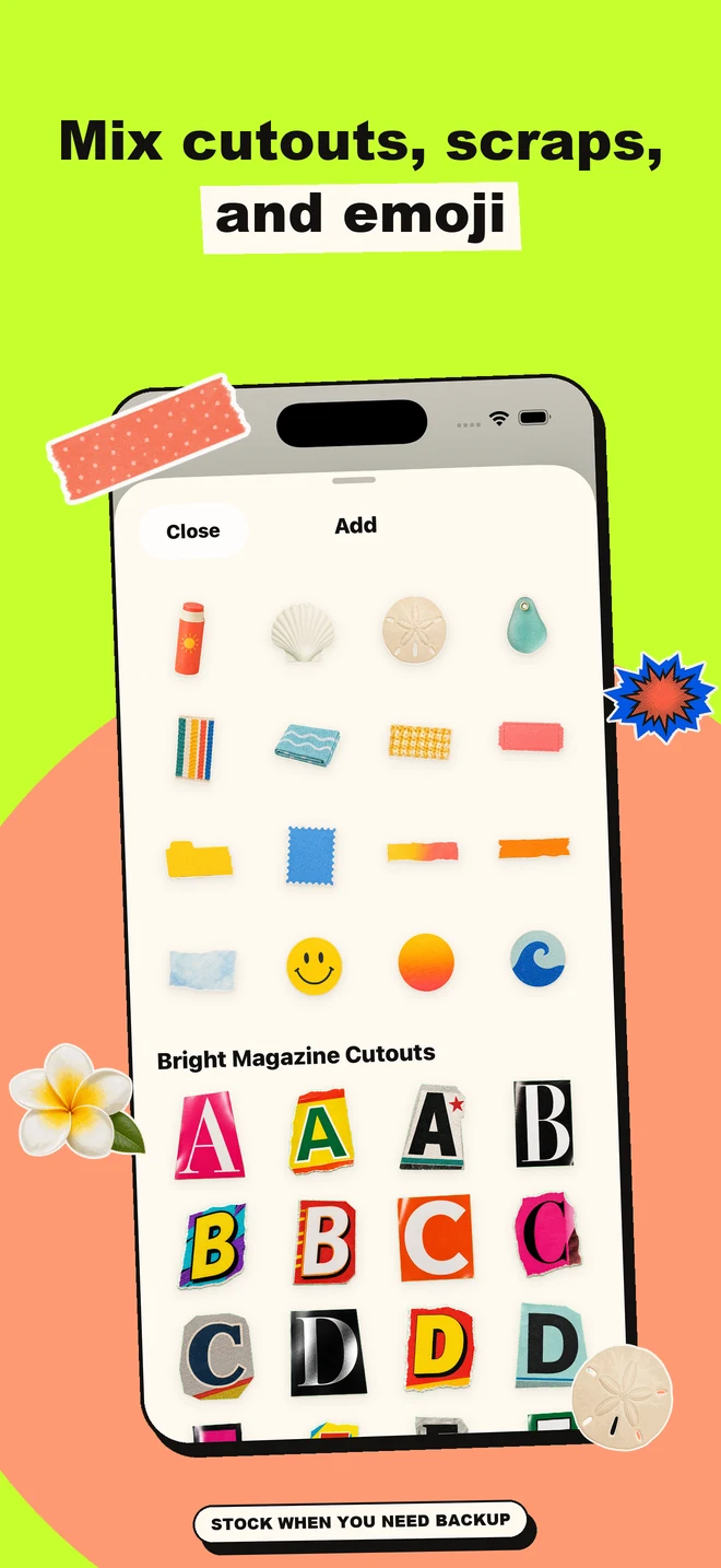 Mix stock stickers and emoji — actual app screen