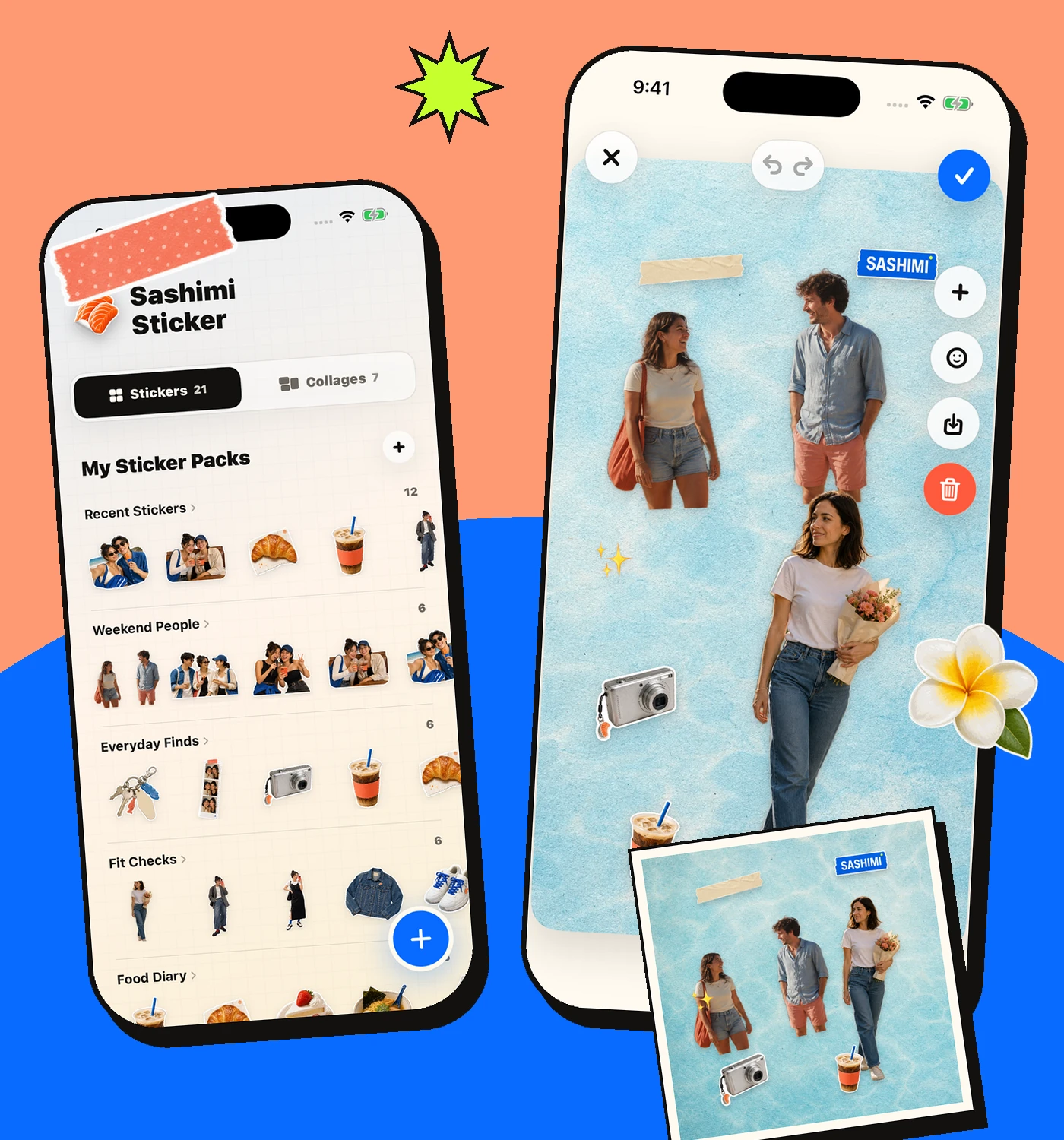 Sashimi’s sticker packs and a finished photo collage in the real app